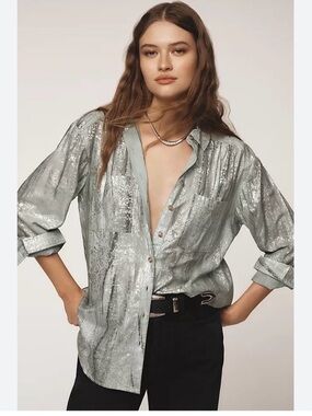 Pilcro for Anthropologie Silver Metallic Button-Front Shirt  NWT